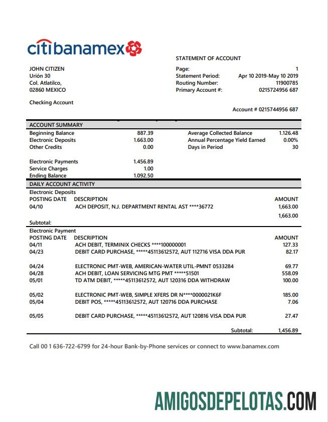 Mexico Citibanamex modelo de extrato bancário